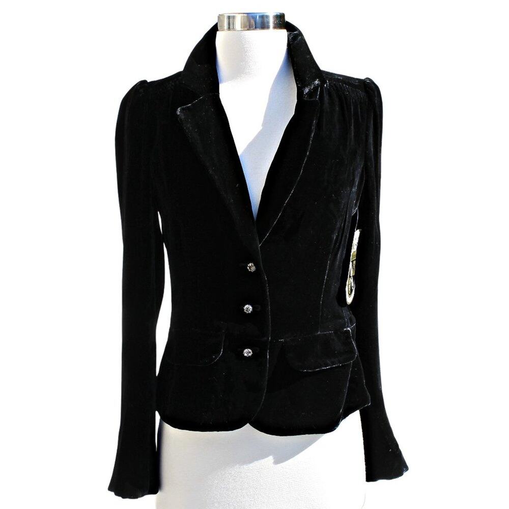 Juicy Couture Black Crushed Silk Velvet Blazer Cropped Rhinestone Buttons Size 4